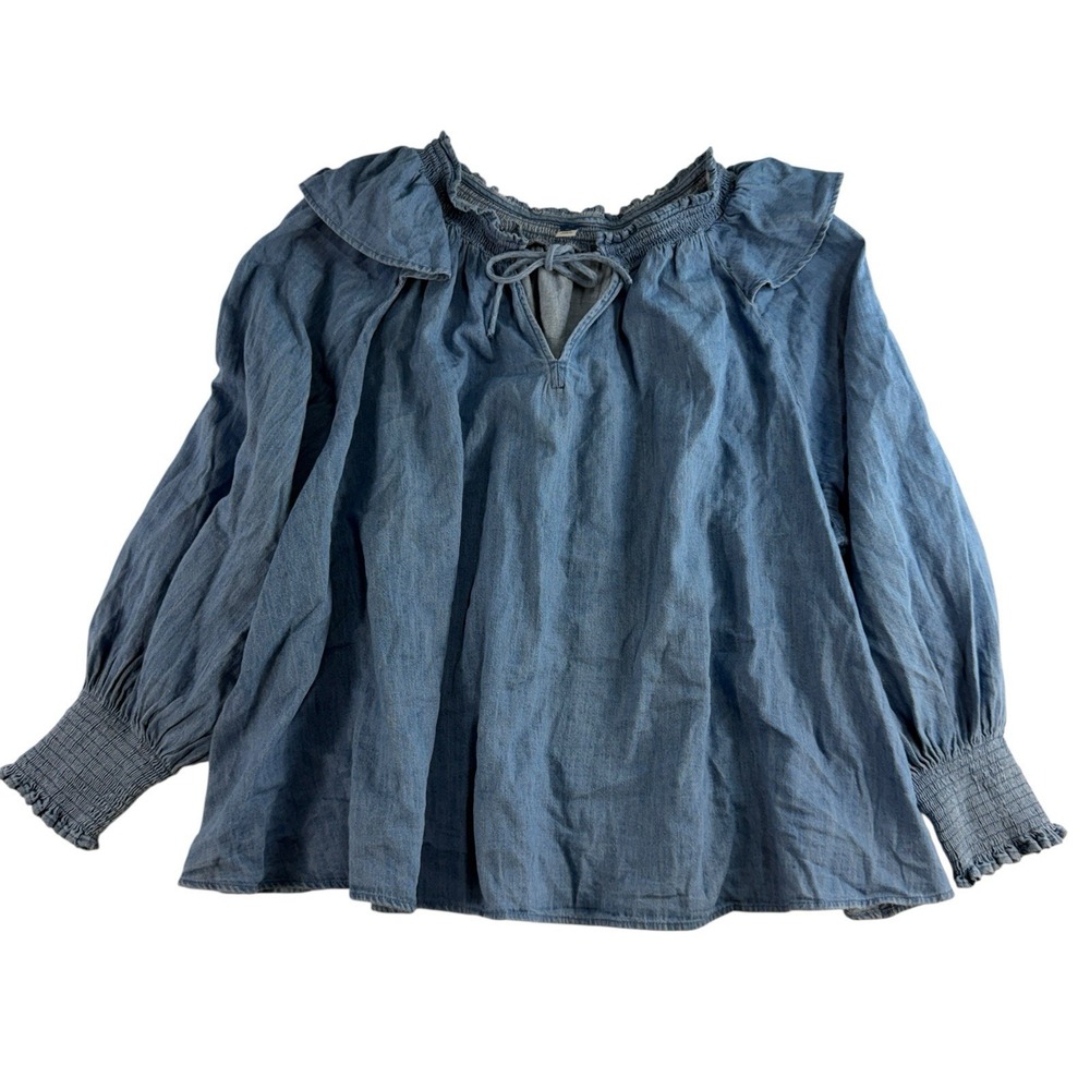 Old Navy Plus 4X Poet Blouse‎ Puff Sleeve Non Stretch Jean Ruffle Trimmed Boho - Picture 2 of 13